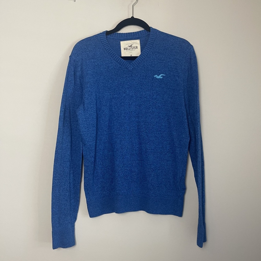 Hollister Blue V-Neck Sweater Classic Logo Pullover Soft Knit Casual Preppy Sz M